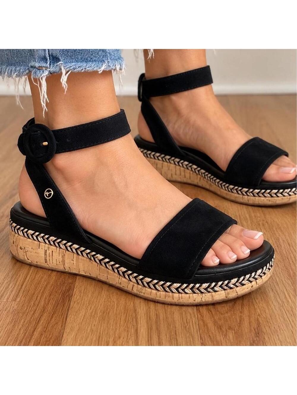 Tamaris Black Leather Suede Platform Sandals Cork Braided Ankle Strap EU36 US5.5